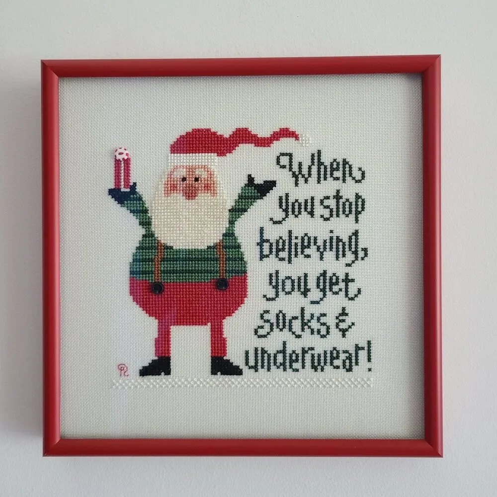 Santa Christmas Cross Stitch When You Stop Believing Humor Funny Wall Frame